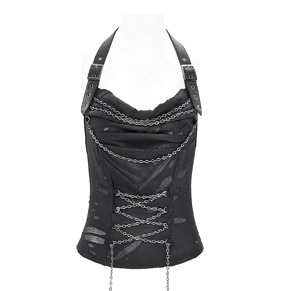 Black Gothic Halter Top with Chains and Adjustable Straps