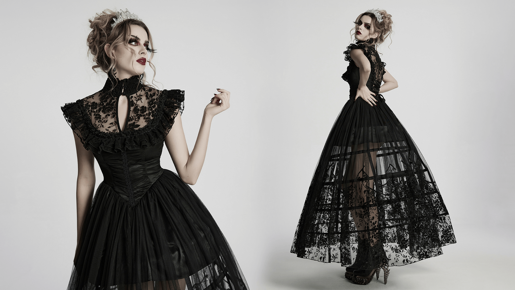 Black Gothic Lace Mesh Dress with Ruffled Sleeves