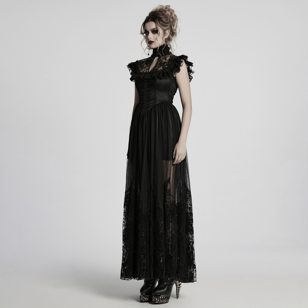 Black Gothic Lace Mesh Dress with Ruffled Sleeves