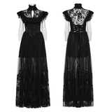 Black Gothic Lace Mesh Dress with Ruffled Sleeves
