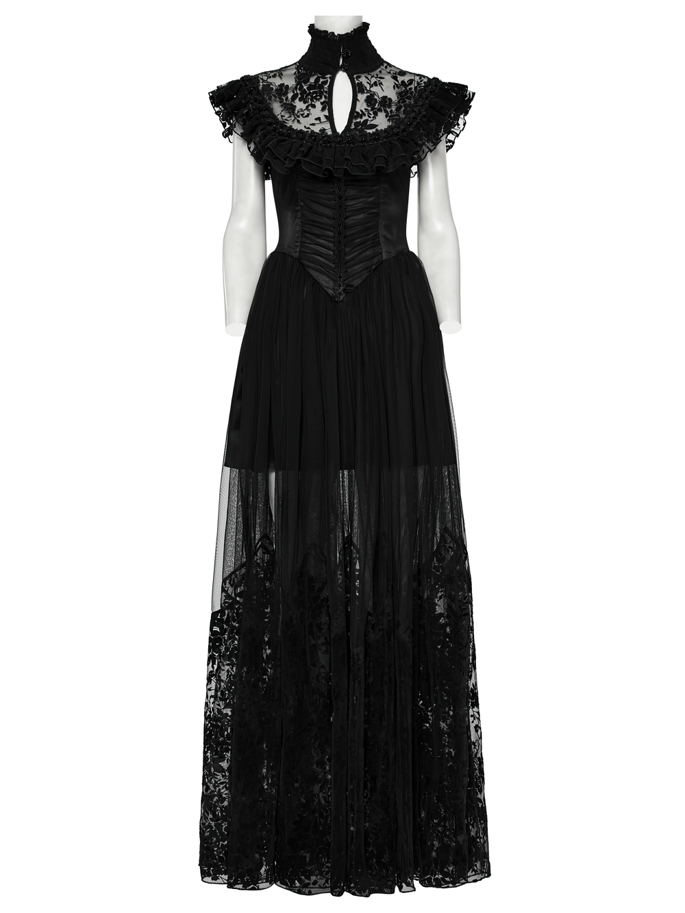 Black Gothic Lace Mesh Dress with Ruffled Sleeves