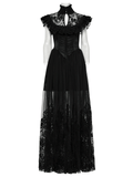 Black Gothic Lace Mesh Dress with Ruffled Sleeves