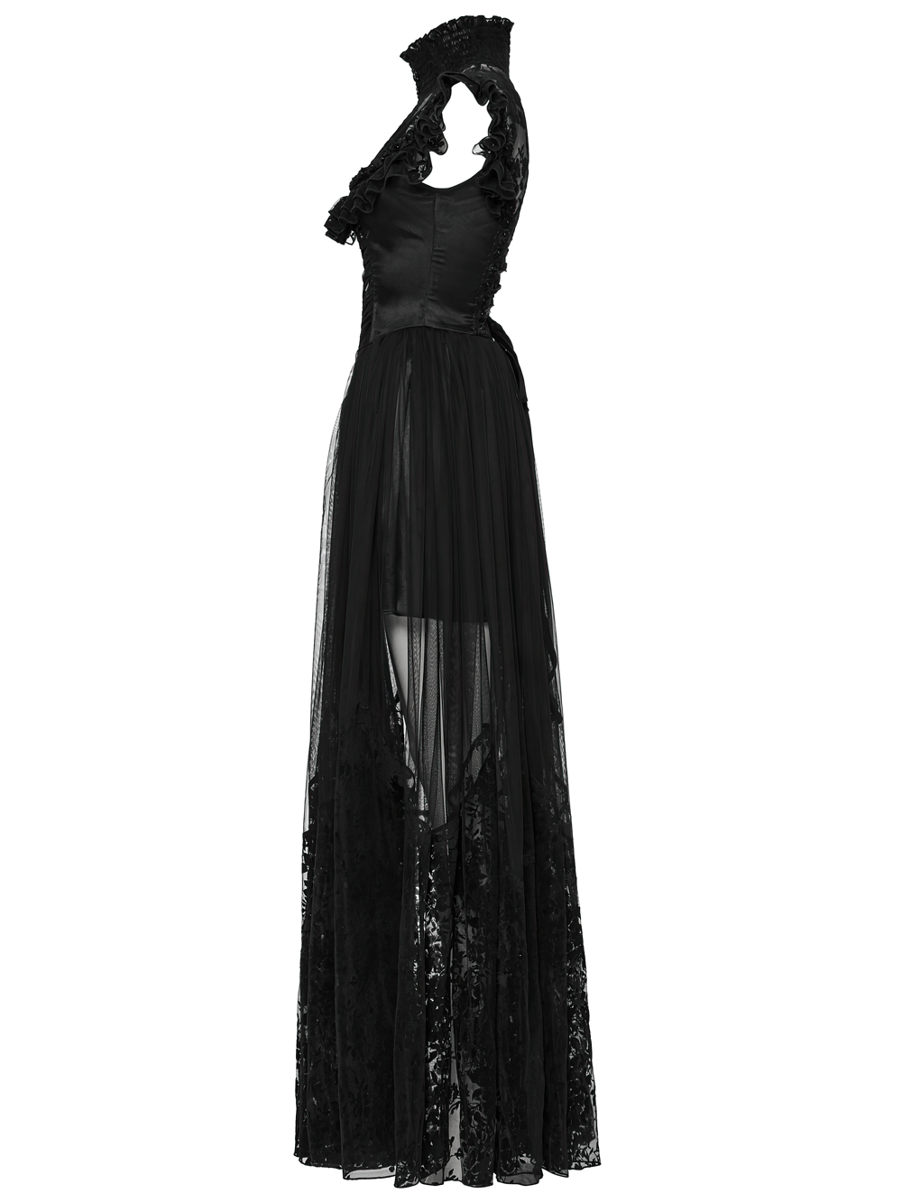 Black Gothic Lace Mesh Dress with Ruffled Sleeves