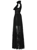 Black Gothic Lace Mesh Dress with Ruffled Sleeves