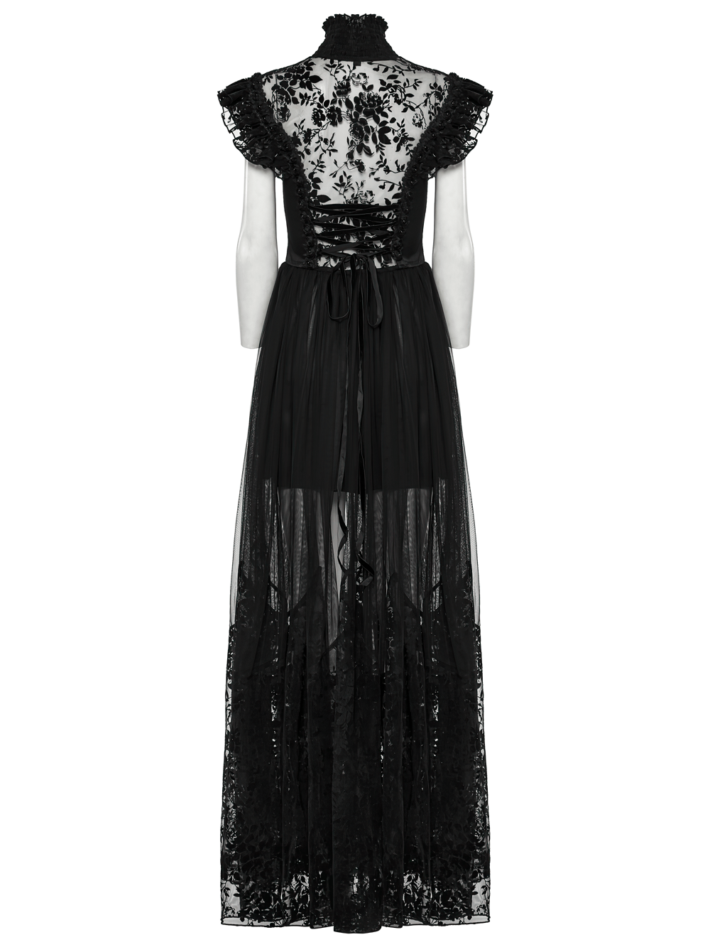 Black Gothic Lace Mesh Dress with Ruffled Sleeves