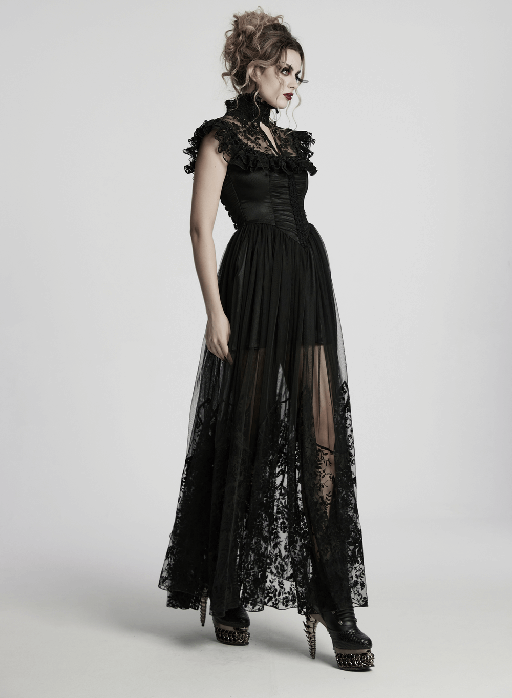 Black Gothic Lace Mesh Dress with Ruffled Sleeves