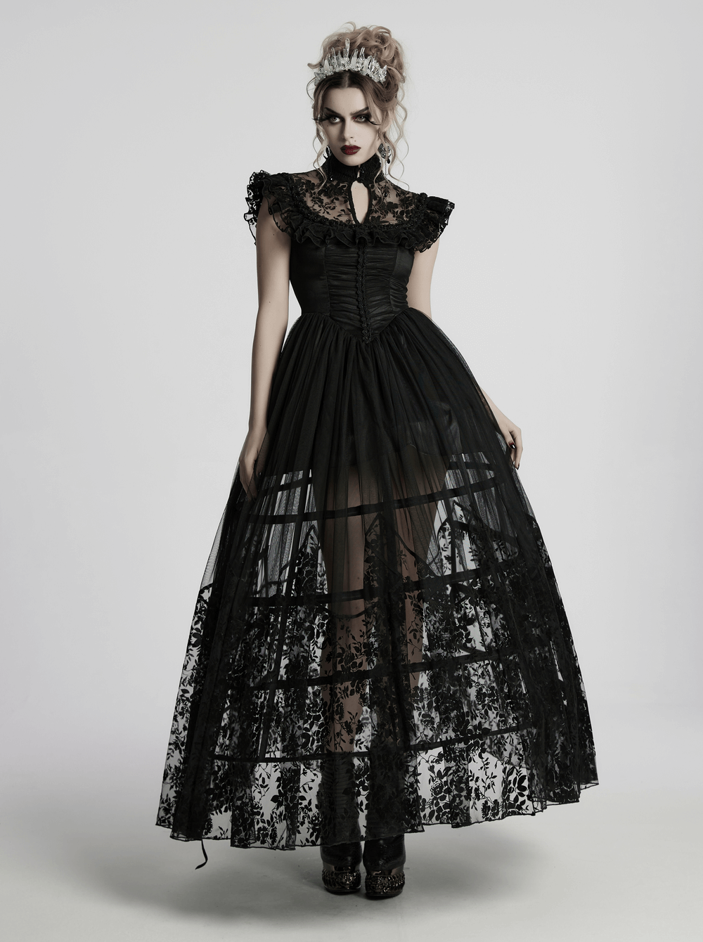 Black Gothic Lace Mesh Dress with Ruffled Sleeves