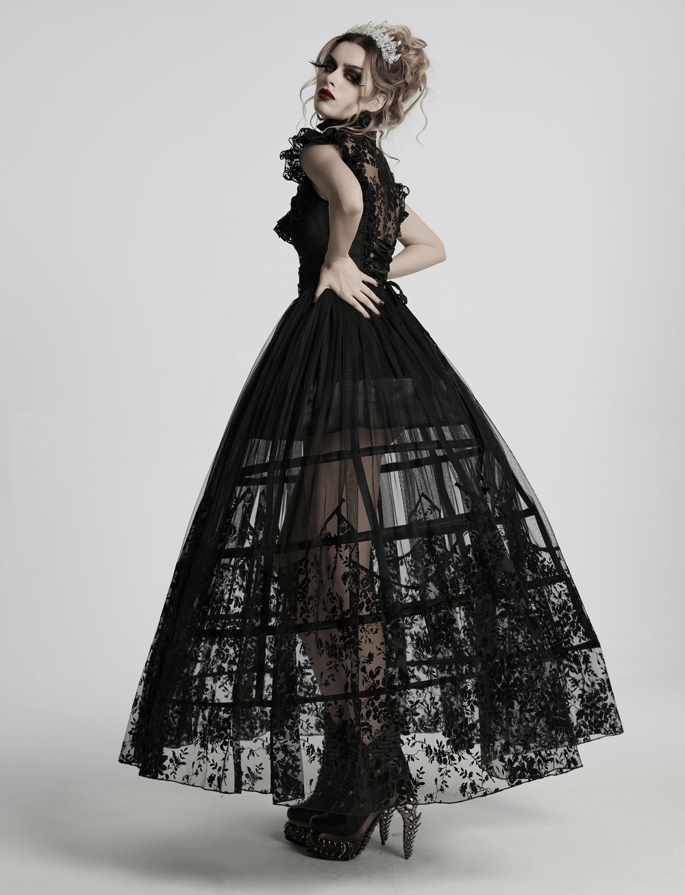 Black Gothic Lace Mesh Dress with Ruffled Sleeves