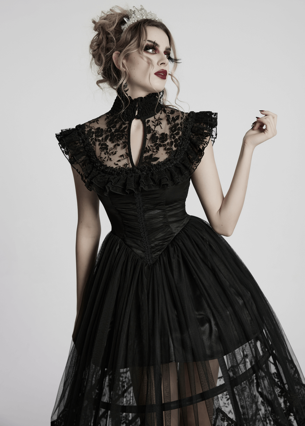 Black Gothic Lace Mesh Dress with Ruffled Sleeves
