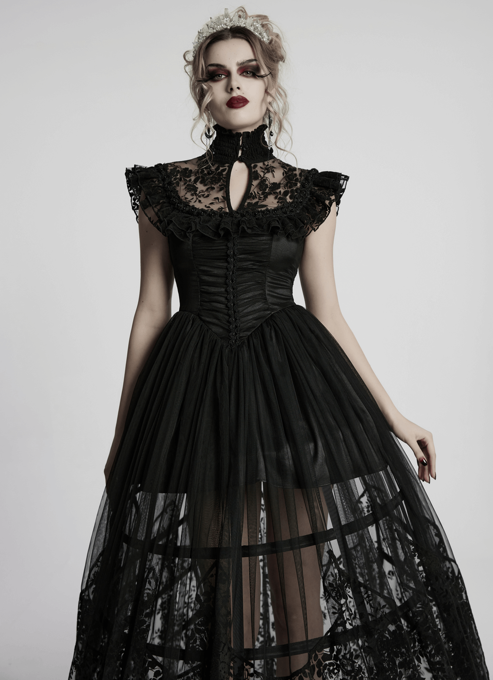 Black Gothic Lace Mesh Dress with Ruffled Sleeves