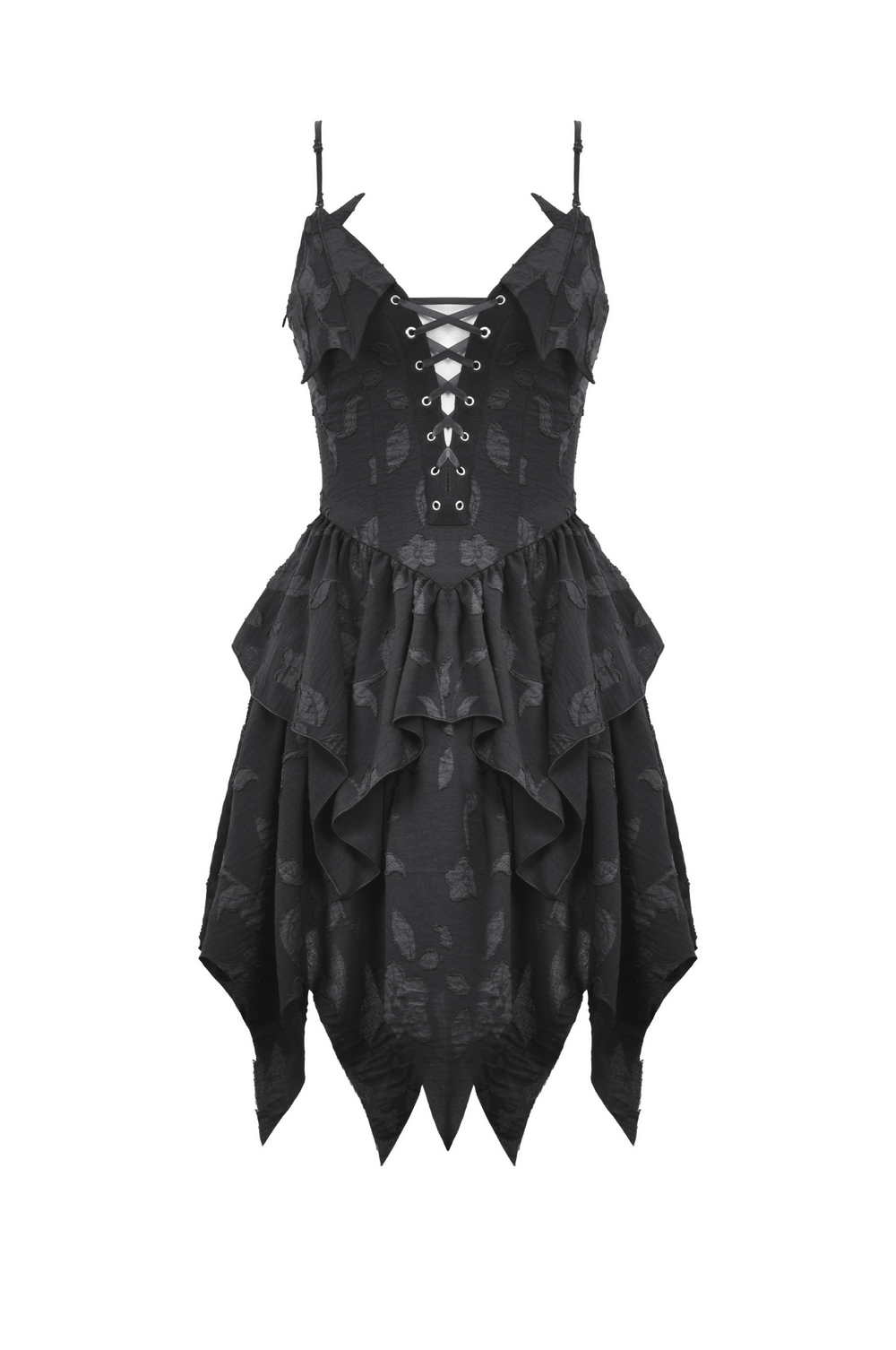 Black Gothic Lace-Up Dress with Ruffles and Asymmetrical Hem