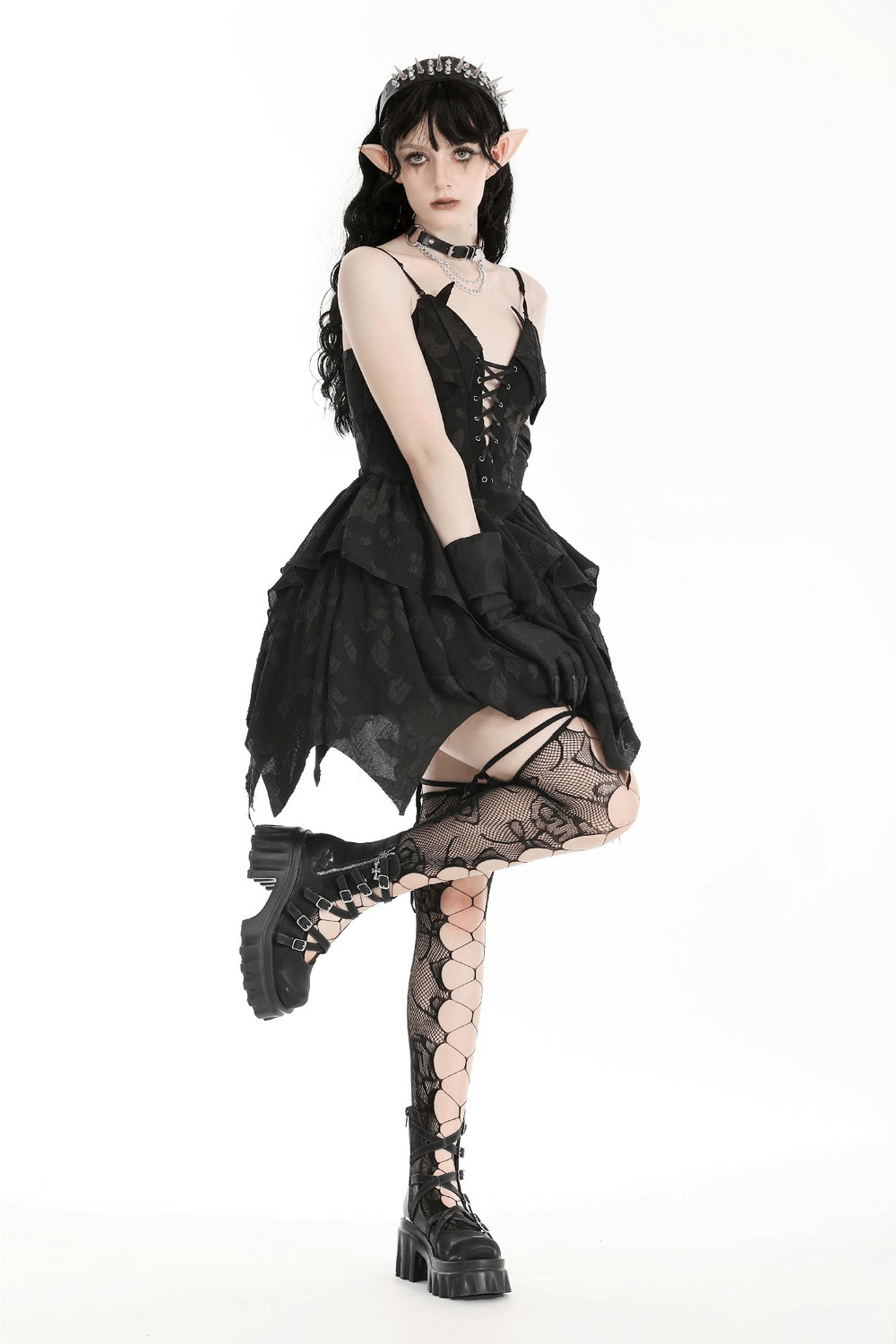 Black Gothic Lace-Up Dress with Ruffles and Asymmetrical Hem