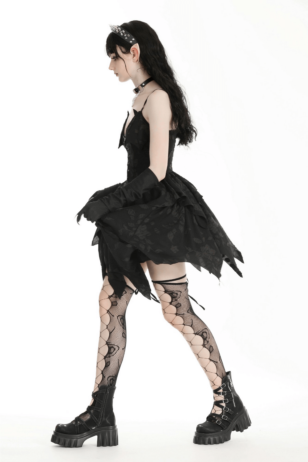 Black Gothic Lace-Up Dress with Ruffles and Asymmetrical Hem