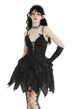 Black Gothic Lace-Up Dress with Ruffles and Asymmetrical Hem