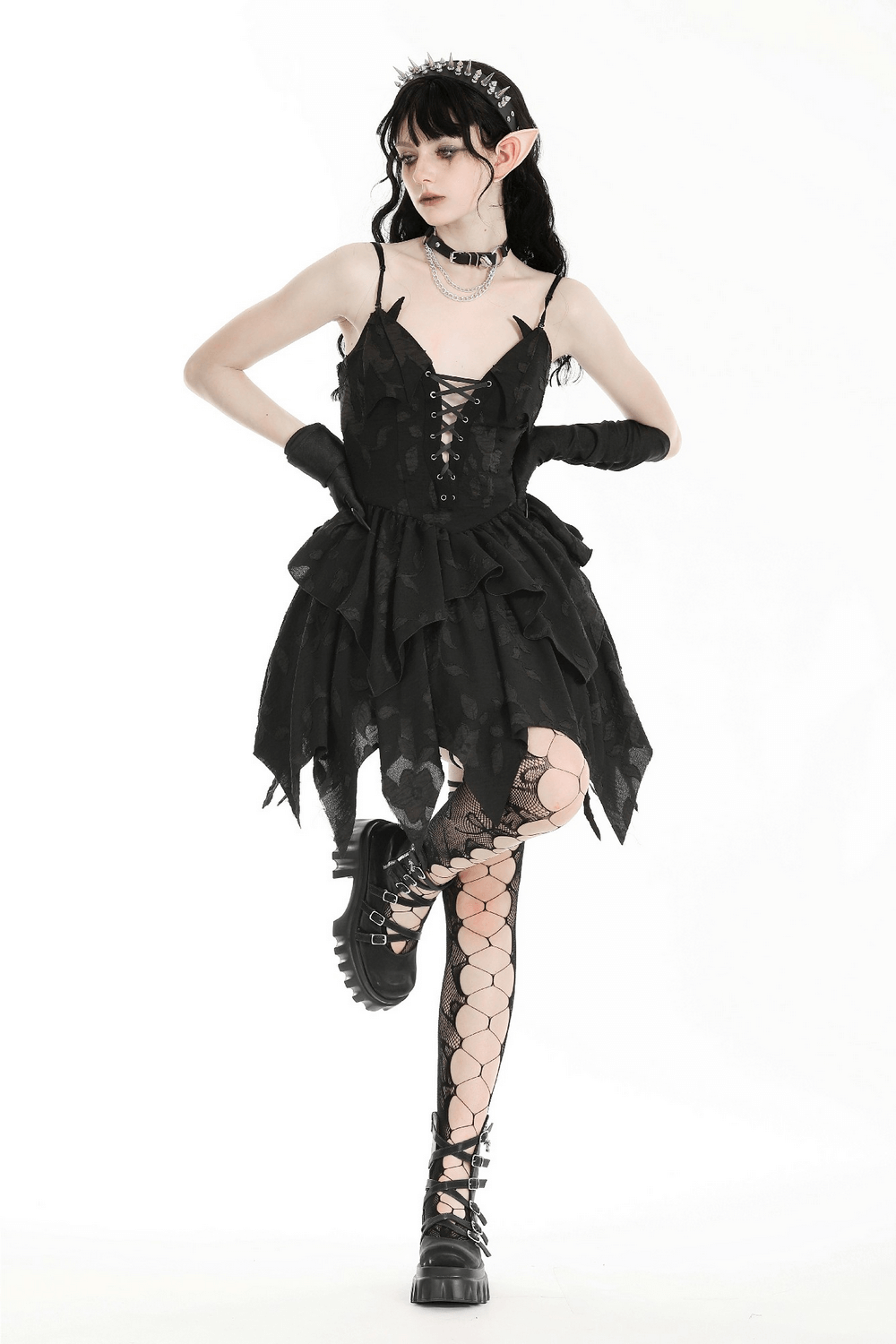 Black Gothic Lace-Up Dress with Ruffles and Asymmetrical Hem