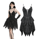 Black Gothic Lace-Up Dress with Ruffles and Asymmetrical Hem