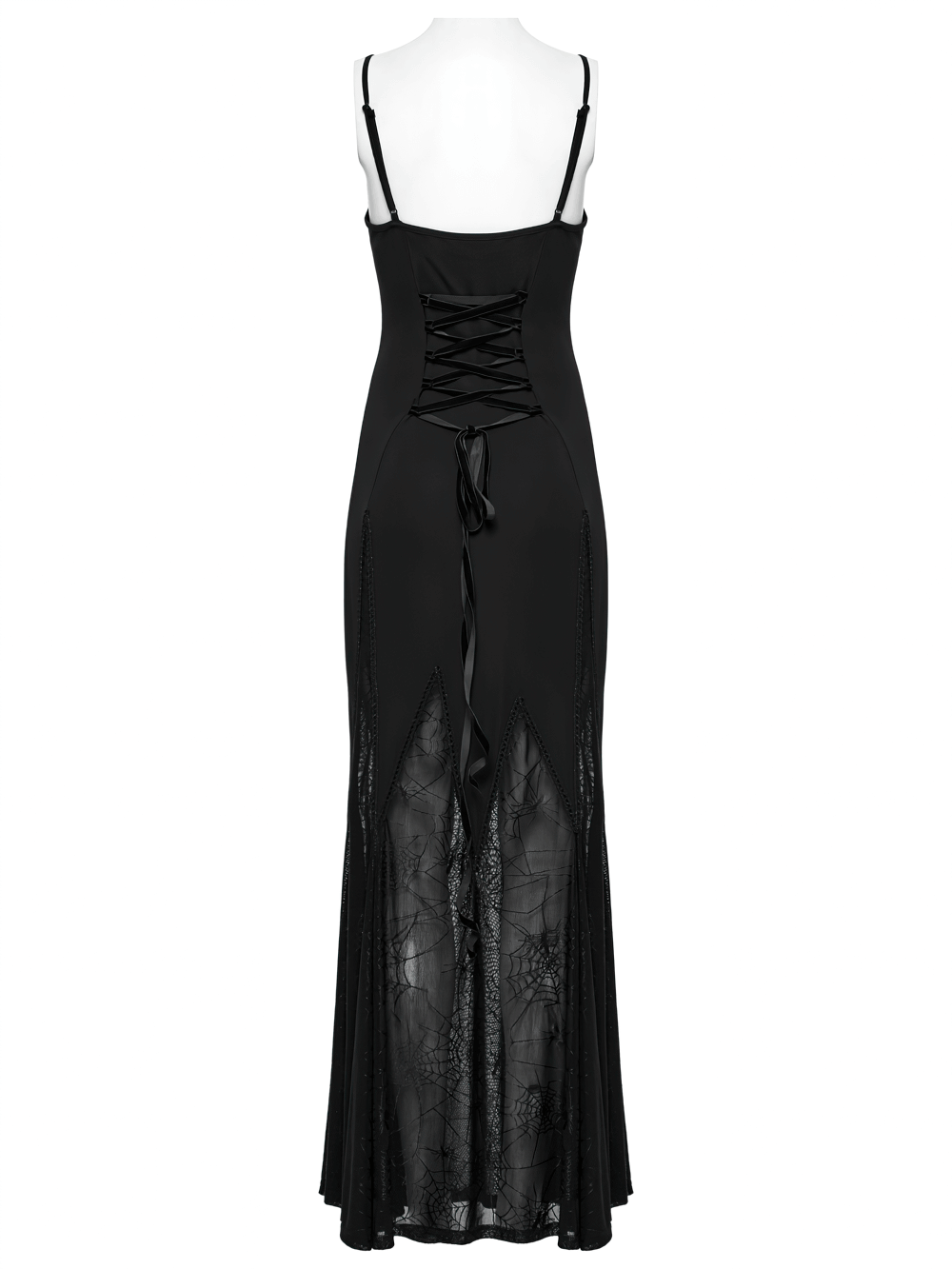 Black Gothic Maxi Dress with Sheer Panels and Lace-Up Back