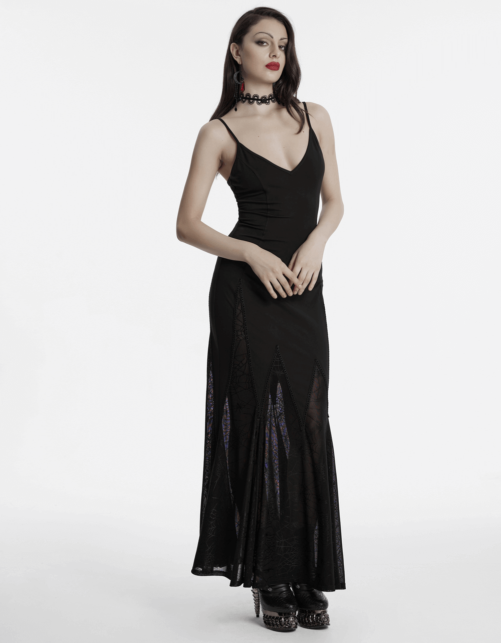 Black Gothic Maxi Dress with Sheer Panels and Lace-Up Back