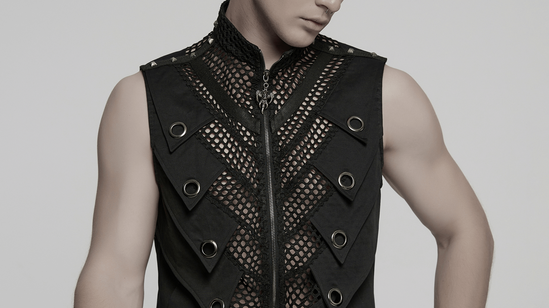 Black Gothic Mesh Vest with Metal Eyelet Detailing