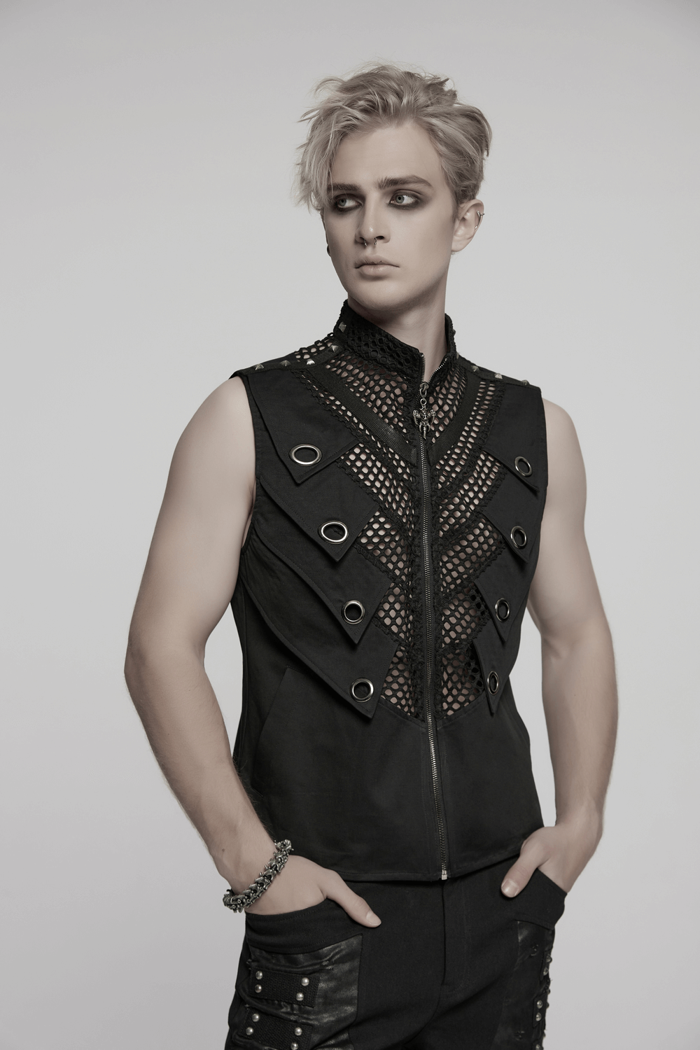 Black Gothic Mesh Vest with Metal Eyelet Detailing