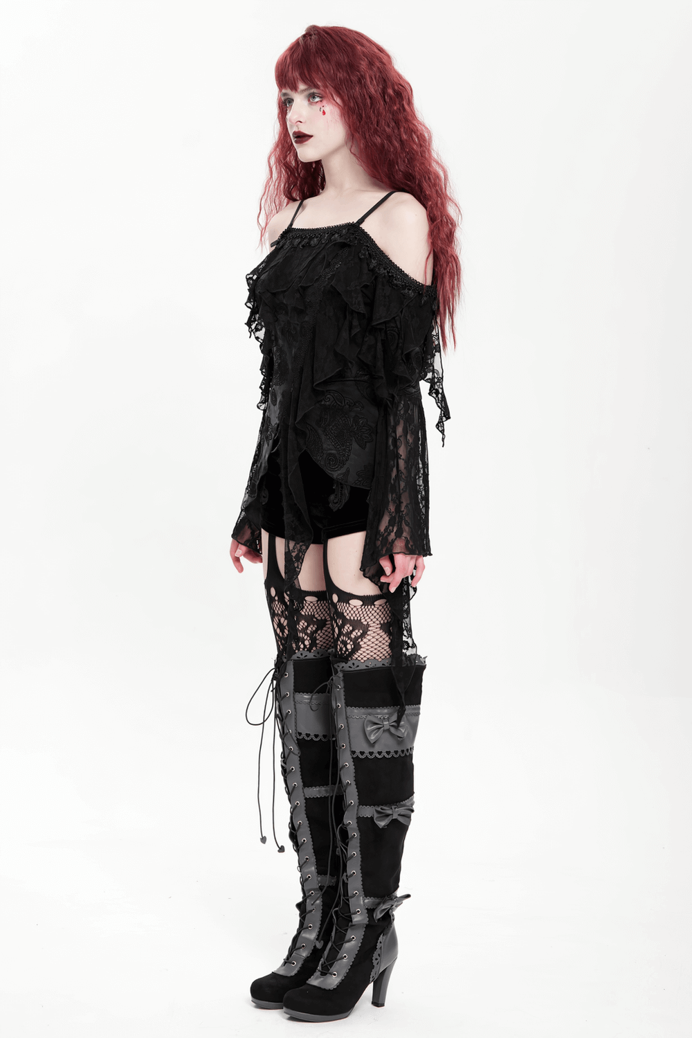 Black Gothic Off Shoulder Lace Top with Bell Sleeves