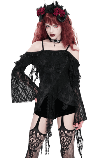 Black Gothic Off Shoulder Lace Top with Bell Sleeves