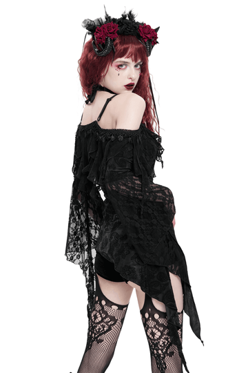 Black Gothic Off Shoulder Lace Top with Bell Sleeves