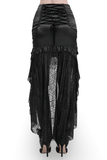 Black Gothic Skirt with Lace-Up Fringe and Floral Stitching