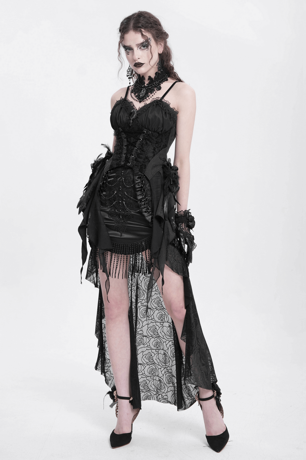 Black Gothic Skirt with Lace-Up Fringe and Floral Stitching