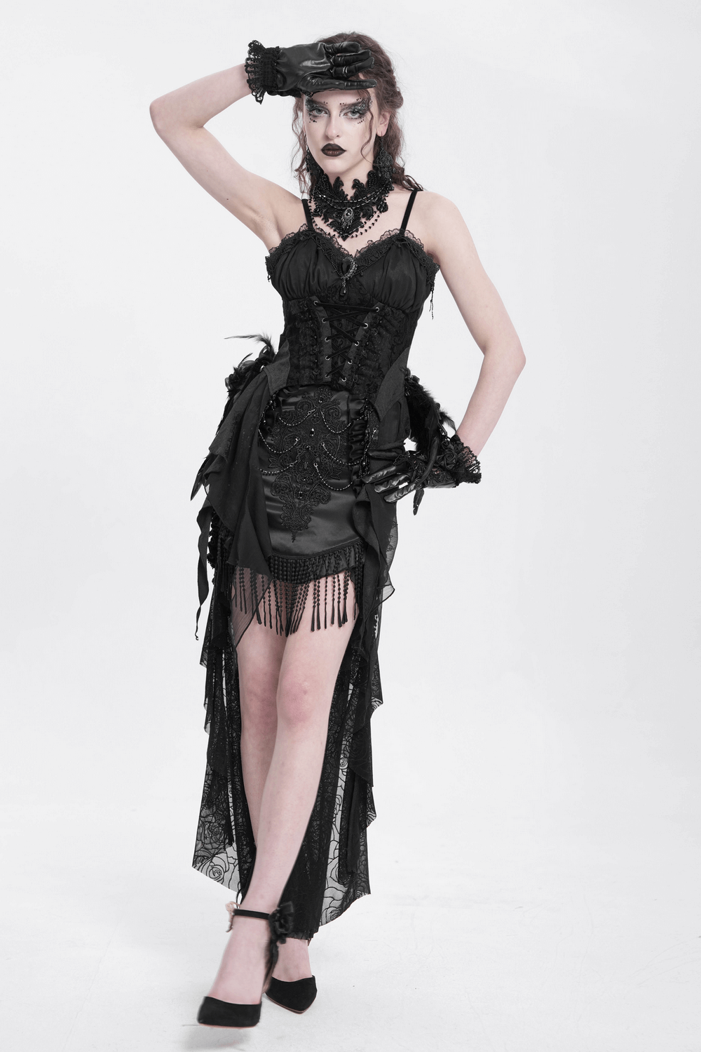 Black Gothic Skirt with Lace-Up Fringe and Floral Stitching