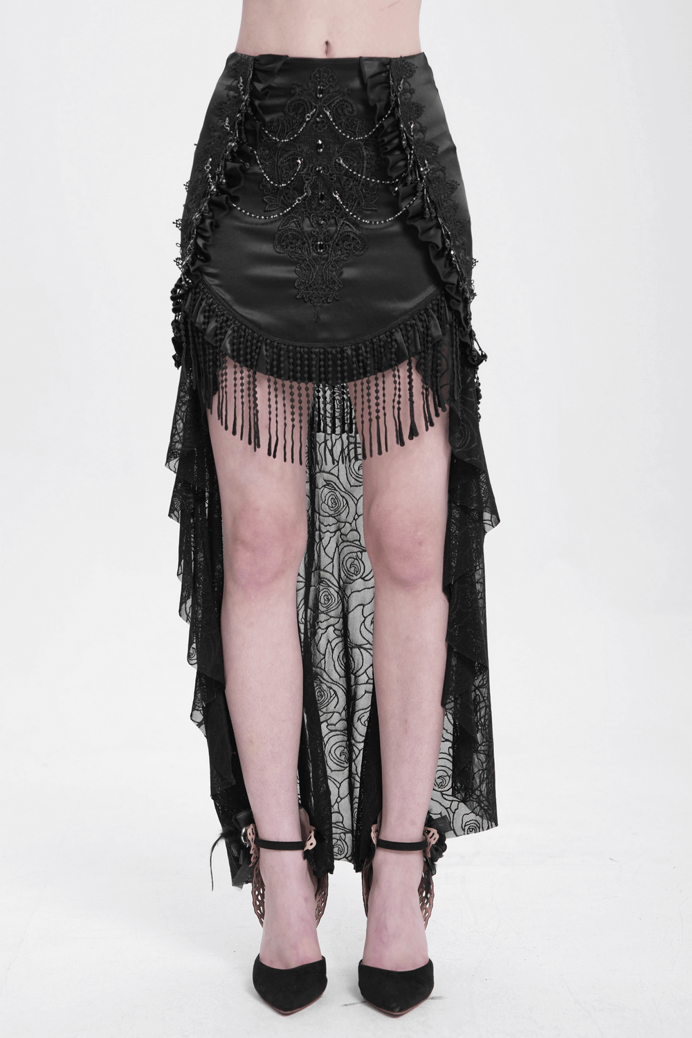 Black Gothic Skirt with Lace-Up Fringe and Floral Stitching