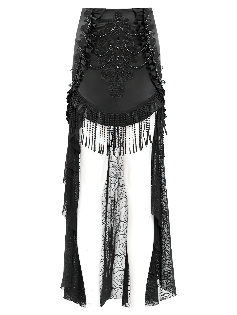 Black Gothic Skirt with Lace-Up Fringe and Floral Stitching