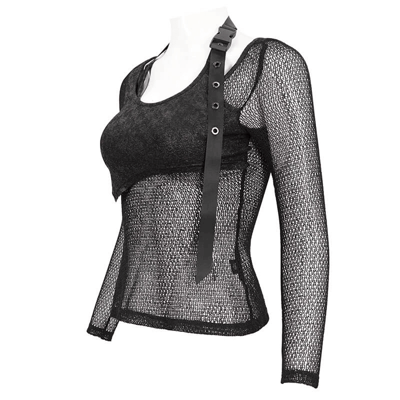 Black Gothic Top for Women with O-Neck and Strap