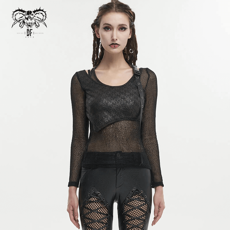 Black Gothic Top for Women with O-Neck and Strap
