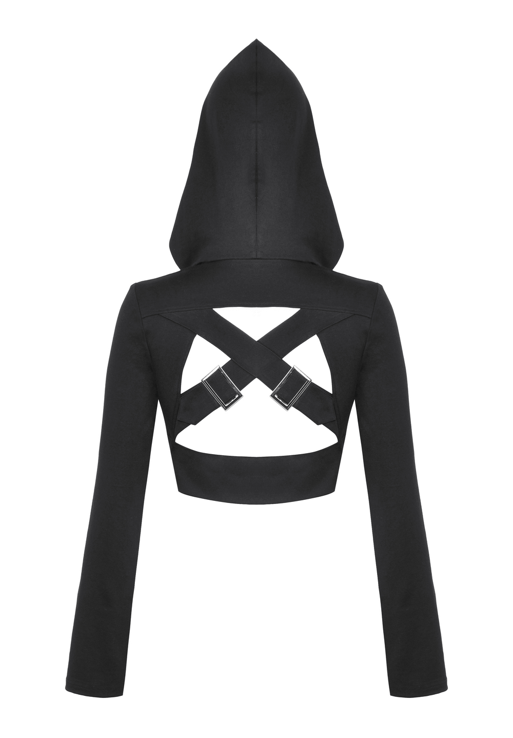 Black Hooded Crop Top with Strappy Design and Buckle Details