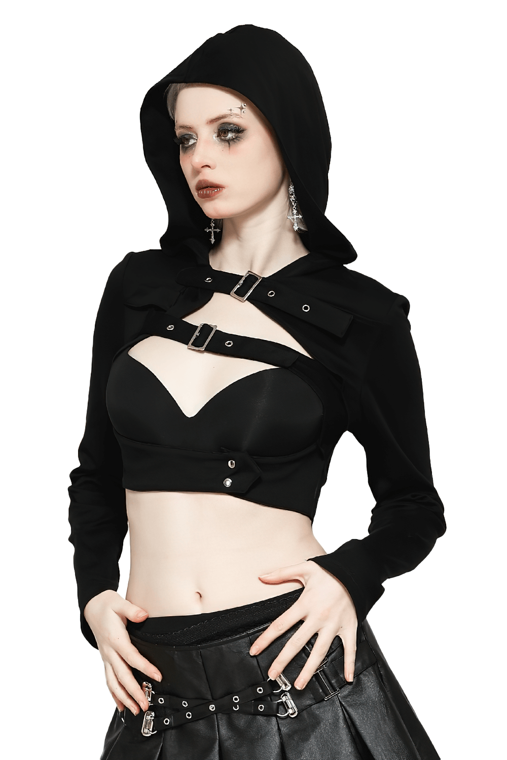 Black Hooded Crop Top with Strappy Design and Buckle Details