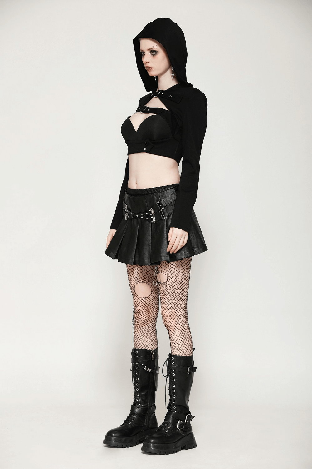 Black Hooded Crop Top with Strappy Design and Buckle Details