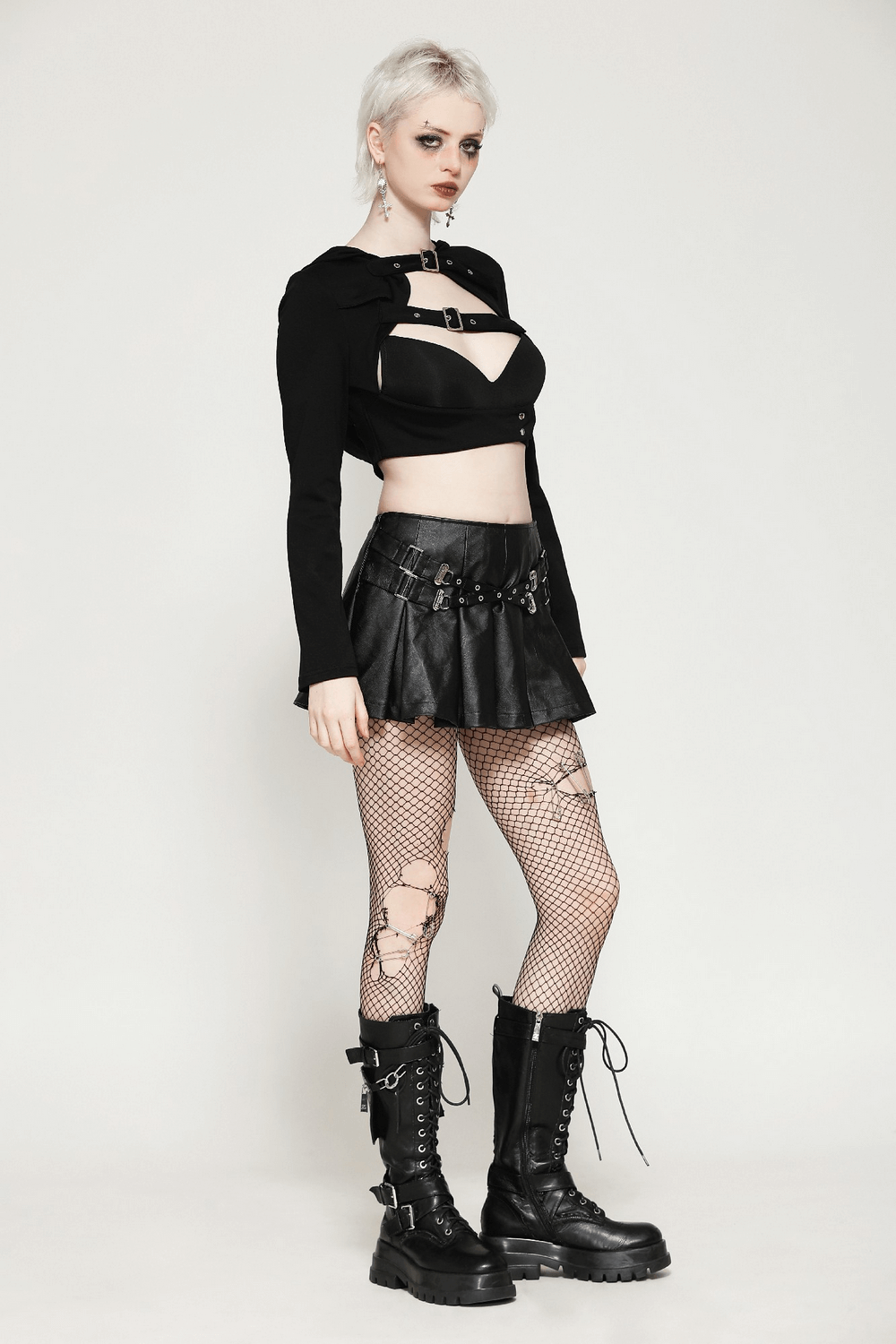 Black Hooded Crop Top with Strappy Design and Buckle Details