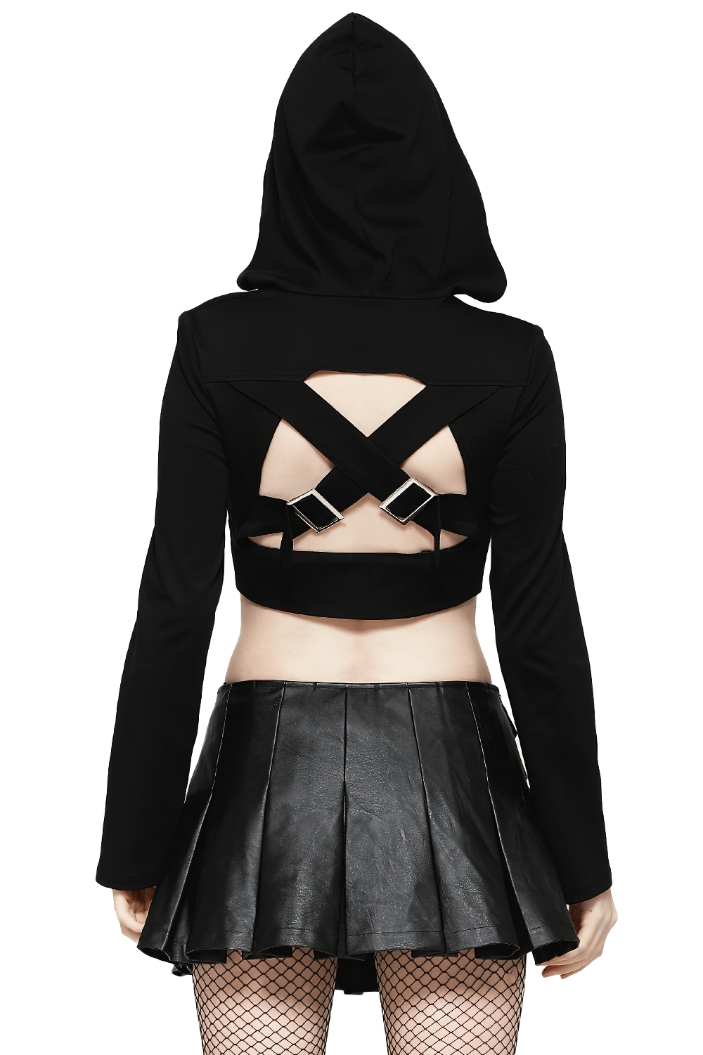 Black Hooded Crop Top with Strappy Design and Buckle Details