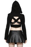 Black Hooded Crop Top with Strappy Design and Buckle Details