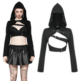 Black Hooded Crop Top with Strappy Design and Buckle Details