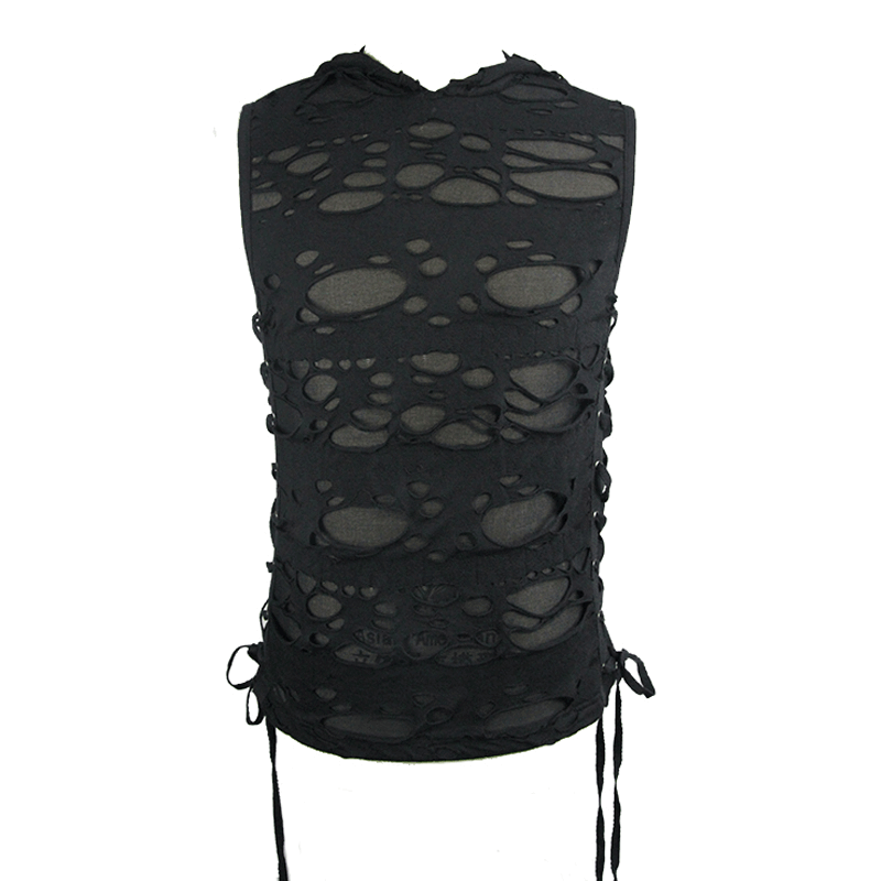 Black Hooded Torn Tank / Men's Gothic Fitted Tanks