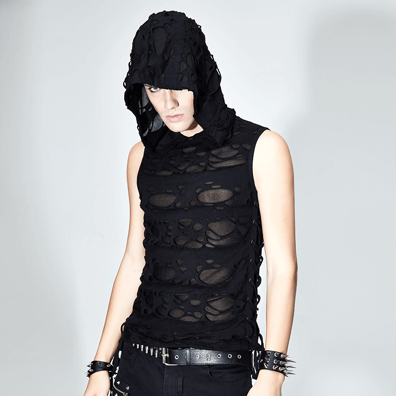 Black Hooded Torn Tank / Men's Gothic Fitted Tanks