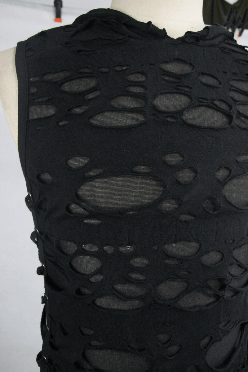 Black Hooded Torn Tank / Men's Gothic Fitted Tanks