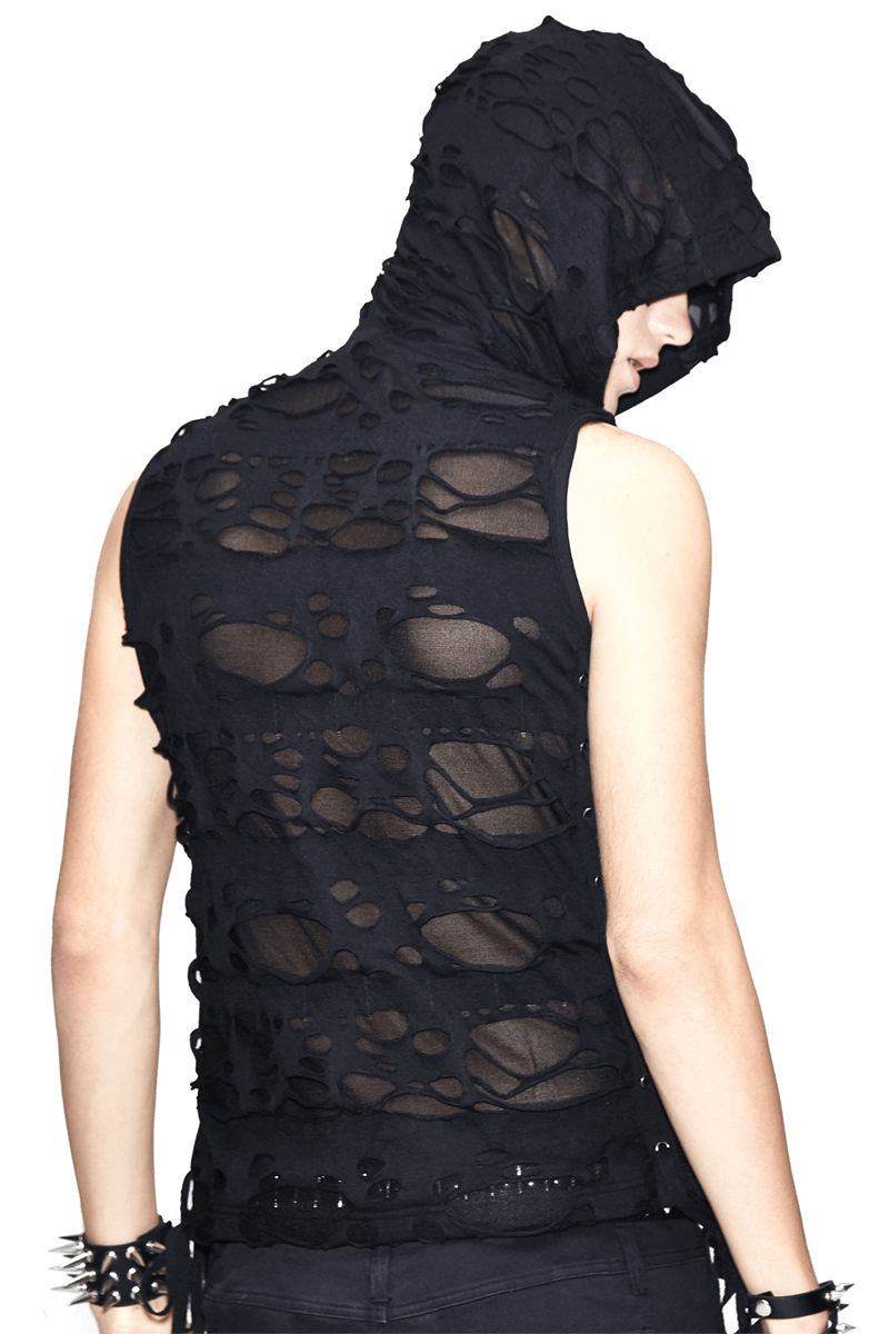 Black Hooded Torn Tank / Men's Gothic Fitted Tanks