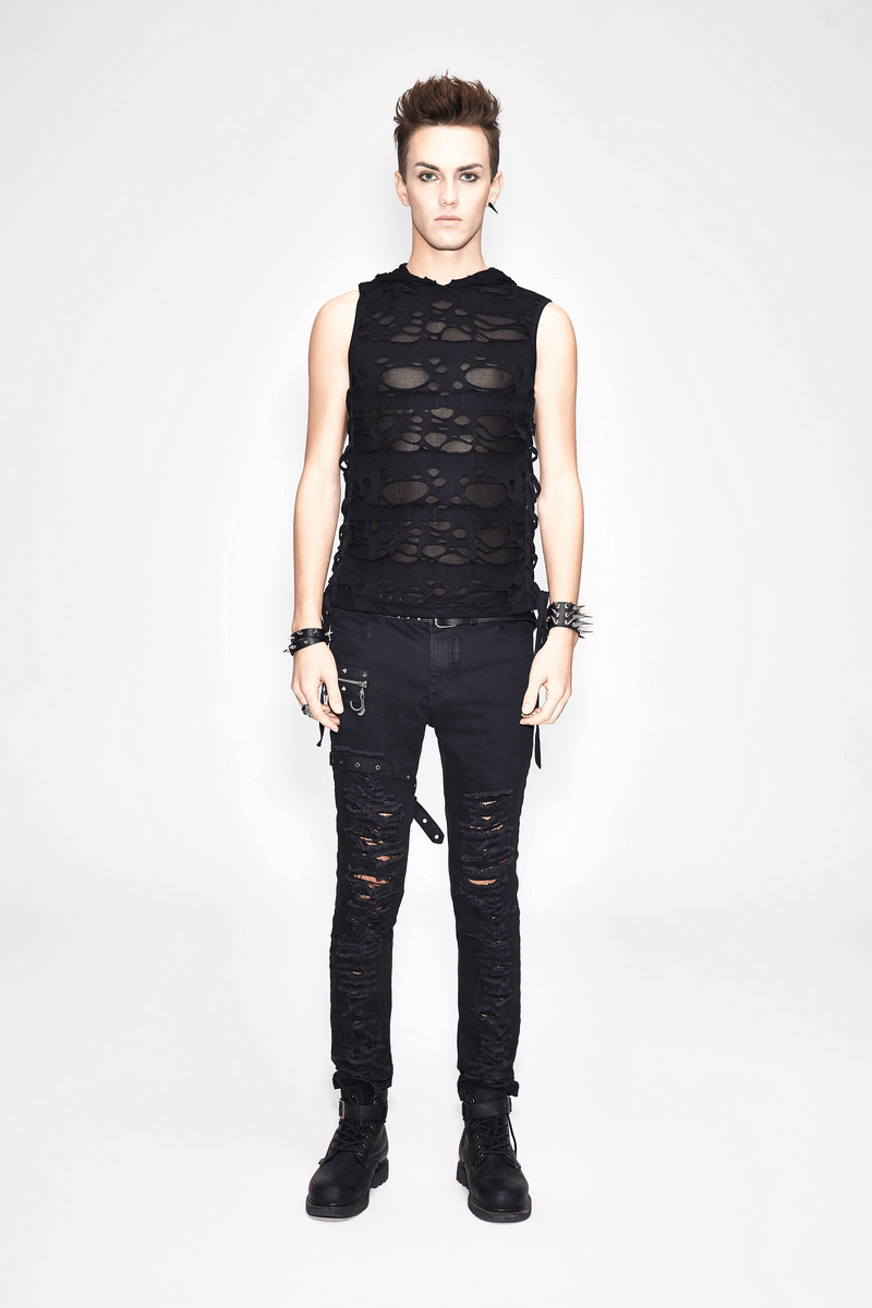 Black Hooded Torn Tank / Men's Gothic Fitted Tanks