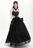 Black Lace Corset Dress with Rose Detail and Flowing Skirt