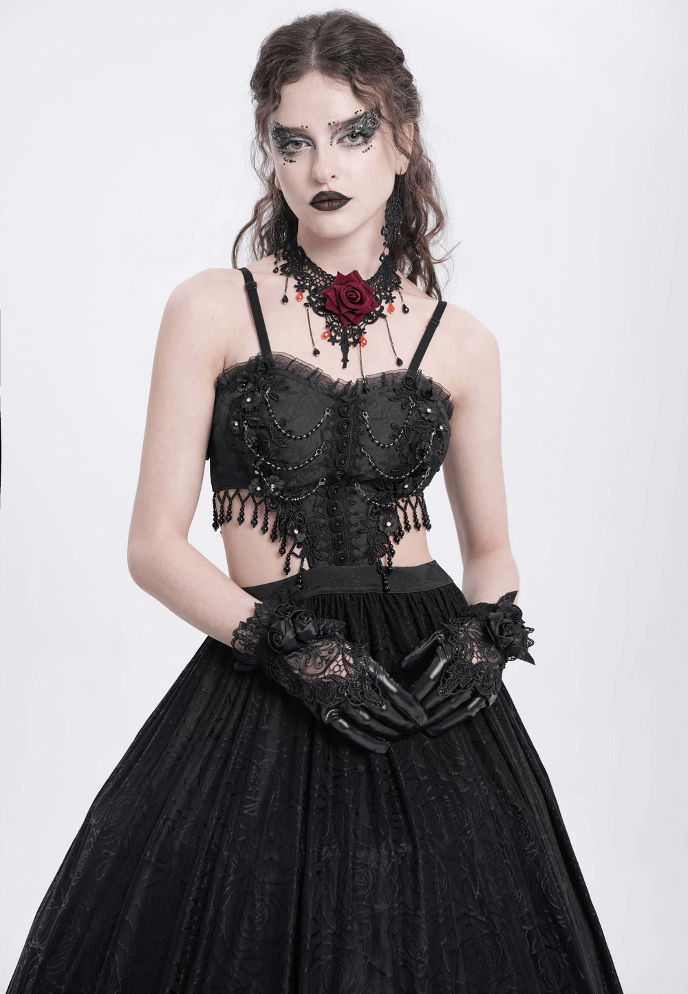 Black Lace Corset Dress with Rose Detail and Flowing Skirt