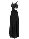 Black Lace Corset Dress with Rose Detail and Flowing Skirt