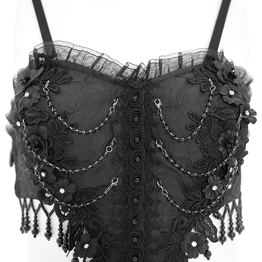 Black Lace Corset Dress with Rose Detail and Flowing Skirt